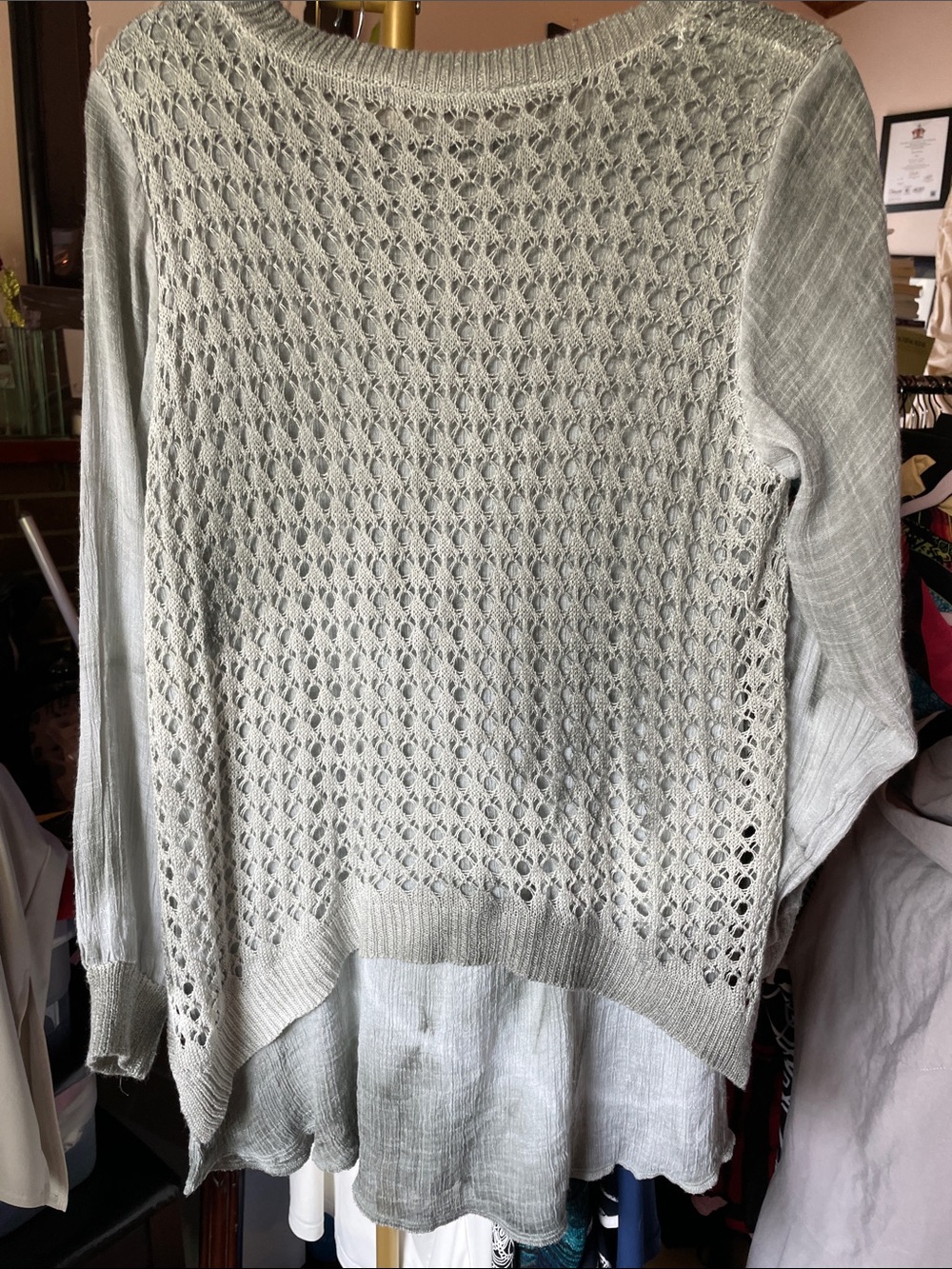 Picadilly Fashion Light Sage Open-Weave Layered-Hem Sweater - Picture 4 of 4